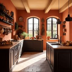 a kitchen with orange walls and black cabinets, an island in the middle is surrounded by potted plants