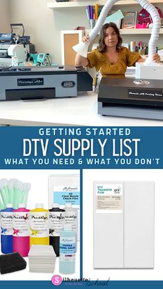 a woman standing in front of a machine with the words getting started dtv supply list what you need & what you don't