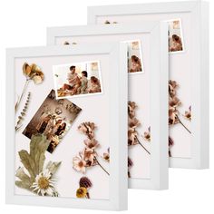 three white frames with pictures and flowers on the front, one has an image of two people