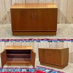 three different views of a wooden cabinet with doors and drawers on the bottom, side by side