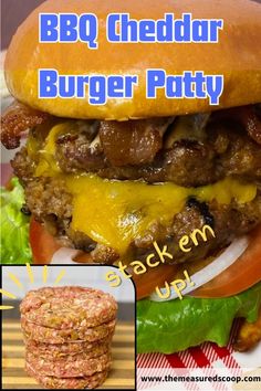 a hamburger patty with cheese and lettuce on it next to a stack of burger patties