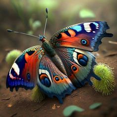 a colorful butterfly sitting on top of a piece of wood