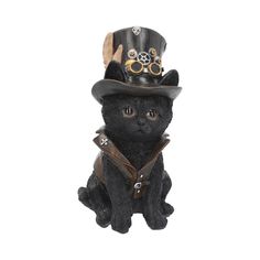 a small black cat wearing a top hat and steampunky glasses sitting on its hind legs