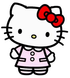 a hello kitty with a red bow standing in front of a white background and wearing a pink dress