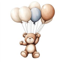 a teddy bear holding balloons in the air