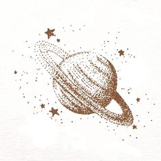 Uma ilustração do planeta Saturno e algumas estrelas em volta feita com pontos Moon And Saturn Matching Tattoo, Saturn Tattoo Minimalist, Saturn Tattoo Design, Neptune Tattoo, Moon And Saturn Tattoo, Stippling Tattoo, Moon And Saturn, Pointillism Tattoo, Astronomy Tattoo