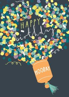 happy birthday hooray card with colorful confetti in a jar on a dark background