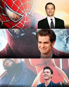 three different pictures of the same person in front of spider - man, one with his eyes closed