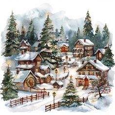 a watercolor painting of a snowy village with christmas trees and lights on the houses