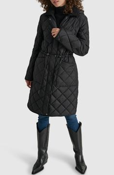 Keep out the cold with this diamond-quilted jacket designed with a drawcord-toggle waist and fixed hood. Front zip closure with snap storm placket Spread collar; fixed hood Front welt pockets Drawcord-toggle waist Lined, with 100% polyester fill 100% polyester Machine wash, tumble dry Made in China Black Quilted Hooded Parka, Black Hooded Quilted Parka, Black Winter Outerwear With Drawstring, Black Drawstring Winter Outerwear, Black Drawstring Outerwear For Winter, Keep Out, Kids Uggs, Holiday Pajamas, Hooded Parka