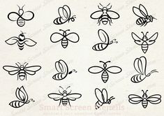 a set of hand drawn honeybees in different shapes and sizes on white background