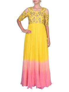 Featuring a raw silk and georgette flared cold shoulder floor length garment in lemon yellow to pink Ombre effect. It is accessorized with floral sequin embroidery on the upper body and cold shoulders. Color customization available upon request.Care:Dry Clean Only and to be Steam PressedComposition:Raw silk and georgette Yellow Hand Embellished Dress For Festive Occasions, Festive Hand Embellished Yellow Dress, Festive Hand-embellished Yellow Dress, Yellow Georgette Dresses With Floral Embroidery, Yellow Floral Embroidered Georgette Dress, Yellow Hand Embellished Dress For Reception, Yellow Hand Embellished Party Dress, Hand Embellished Yellow Party Dress, Yellow Georgette Dress For Reception