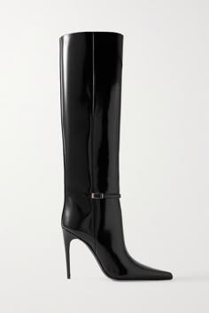 Find SAINT LAURENT Vendome Buckled Glossed-leather Knee Boots on Editorialist. SAINT LAURENT's 'Vendome' boots have been crafted in Italy from black glossed-leather. Set on towering 110mm heels, they have sleek, pointed toes and delicate silver-tone buckles at the sides. Luxury Black Boots, Saint Laurent Black Heels, Aspen Trip, Ysl Boots, Saint Laurent Heels, Saint Laurent Boots, Leather High Heel Boots, Luxury Boots, High Heeled Boots