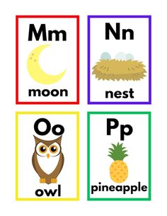 four different pictures with the letter n in them, including an owl, pineapple and moon