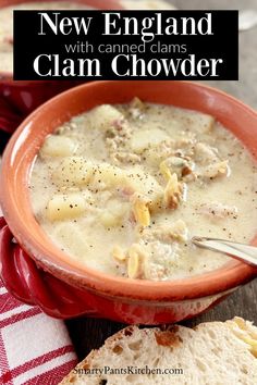 Clam chowder in red bowl with spoon. Canned Clams, Pork Potatoes, Clam Chowder Recipe, New England Clam Chowder, Potatoes Onions, Cheddar Cheese Soup, Salt Pork, Chowder Recipe, Easy Recipes For Beginners