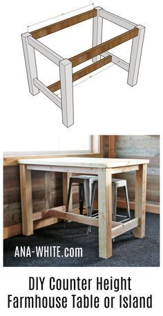 the plans for a diy counter height table or island are shown in two different views