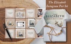 the elizabeth post set is displayed on a wooden plate with some cards and a pen