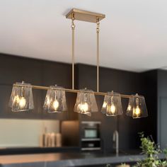 an image of a kitchen light fixture with five lights on the bottom and one hanging from the ceiling