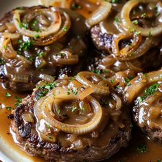 some meat with onions and gravy on a plate