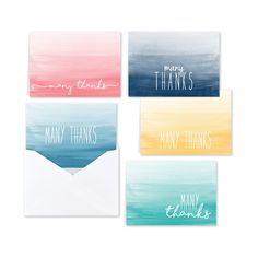 four greeting cards with the words happy thanks and many thanks written in white ink on them