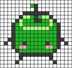 an image of a green apple pixellated in black and white with pink dots on it