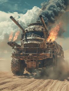 a large truck with flames coming out of it's engine driving down a dirt road