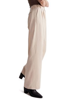 Made of a drapey Tencel® lyocell, cotton and linen blend, these straight-leg pants have sailor-inspired button tabs at the pleated high waist. A cool pick for your back-in-the-office needs. 29" inseam; 23" leg opening; 12" front rise; 14" back rise (size 8)   48% Tencel lyocell, 33% cotton, 19% linen   Tencel lyocell is a sustainably produced fiber made with closed-loop processing   Machine wash, tumble dry   Imported Chic Cotton Chinos For Spring, Chic Spring Cotton Chinos, Chic Relaxed Fit Ankle-length Chinos, Wide Leg Cotton Chinos, Chic Summer Cotton Chinos, Spring Wide-leg Chinos, Chic Relaxed Fit High-waisted Chinos, Summer Straight Leg Chinos With Elastic Waistband, Trendy Relaxed Fit Chinos For Spring