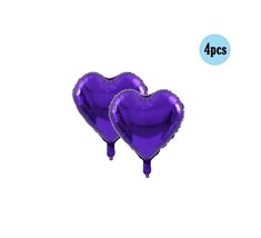 two purple heart shaped balloons are shown in front of a white background with the words, 4