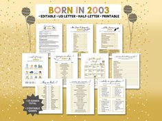 the born in 2003 printable baby shower game is shown on a gold background with balloons