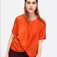 Zara Brand New Orange Front Knot Top With Invisible Zip At The Back. Size L. 100% Viscose. Armpit To Armpit 23”, Length 25” Summer Viscose Crew Neck Blouse, Versatile Zara Summer Blouse, Versatile Zara Blouse For Work, Chic Short Sleeve Zara Blouse, Chic Zara Short Sleeve Blouse, Zara Short Sleeve Blouse For Work, Floral Print Tops Blouses, Crochet Waistcoat, Gilet Crochet