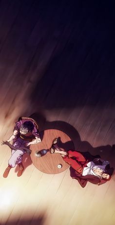 two anime characters sitting at a table with their shadows on the wall and one person holding an umbrella