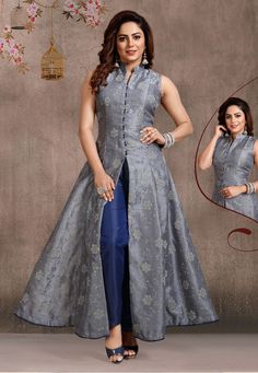 Buy Gray Organza Readymade Ankle Length Anarkali Suit 175374 online at lowest price from huge collection of salwar kameez at Indianclothstore.com. Suit Designs Indian Style, Designer Maxi Dress, Long Kurti Designs, Long Gown Dress, Kurta Neck Design, Indian Gowns Dresses