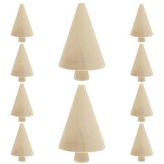 six wooden christmas trees are arranged in a row