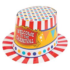 a circus themed hat that says welcome to the carnival