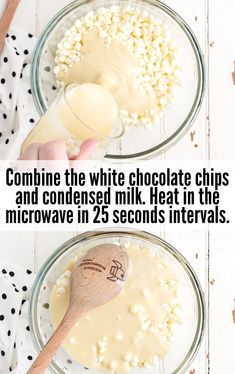 the ingredients to make white chocolate chips in a glass bowl with spoons on top