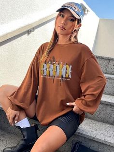 CHKOKKO Oversized Round Neck Drop Shoulder Printed Cotton Full Sleeves T-Shirt for Women