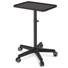 a small black table with wheels on the bottom and one leg raised up to it's side