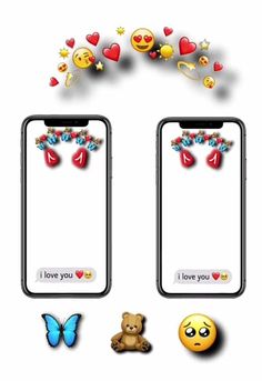 two smartphones with emoticions and hearts on them, one has a teddy bear