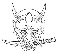 a drawing of a demon mask with two swords