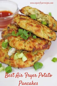 the best air fryer potato pancakes are ready to be eaten with sauce and green onions