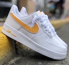 NIKE AIR FORCE 1 LOW WHITE / DARK YELLOW Air Force Shoes, Nike Shoes Air Force, Nike Yellow, Yellow Nikes, Custom Nike Shoes, Nike Air Shoes, Air Forces, Nike Air Jordans