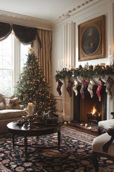 a living room filled with furniture and a christmas tree in front of a fire place