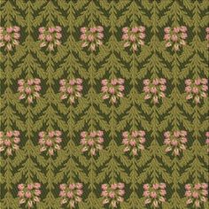 a green background with pink flowers in the center and leaves on the bottom, all over it