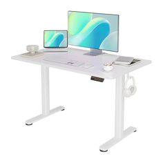 a computer desk with two monitors and headphones sitting on it's side, in front of a white background