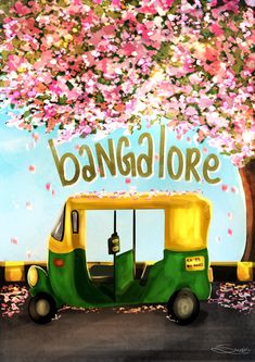 An auto on the road with a cherry blossom-like tree blooming on the side with a bright blue summer sky. Above this the word "Bangalore" is written Bangalore City, Indian Illustration, Spring Illustration, Best City, Print Design Art, Pinterest Diy Crafts, City Drawing, Indian Wedding Invitations, City Illustration