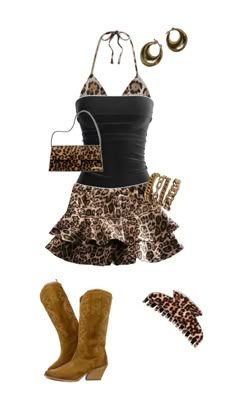 an animal print dress and boots with accessories