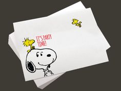 two envelopes with stickers on them that say, it's party time