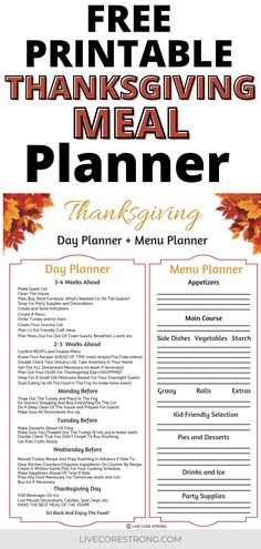 a thanksgiving dinner menu with the words free printable thanksgiving meal planer on it