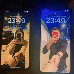 two cell phones with the same image on them, one is showing someone taking a selfie