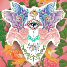 an eye surrounded by wings and flowers on a pink background